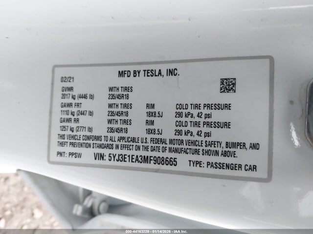 Продаж на аукціоні авто 2021 Tesla Model 3 Standard Range Plus Rear-wheel Drive, vin: 5YJ3E1EA3MF908665, номер лоту: 44163228