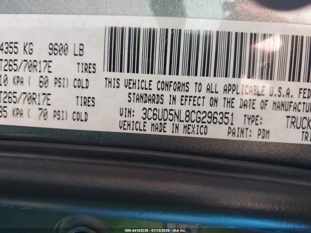 2012 Ram 2500 Laramie მანქანა იყიდება აუქციონზე, vin: 3C6UD5NL8CG296351, აუქციონის ნომერი: 44163239