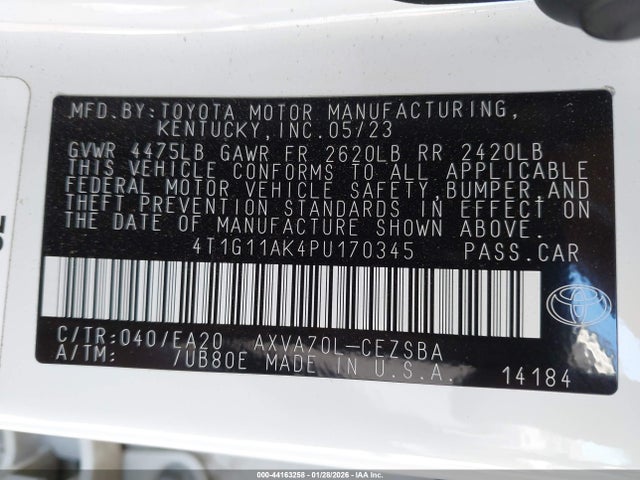44163258 :رقم المزاد ، 4T1G11AK4PU170345 vin ، 2023 Toyota Camry Se مزاد بيع