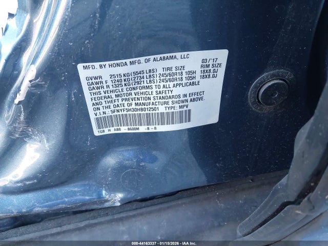 Honda Pilot Ex 2017 5FNYF5H30HB012501 Image 9