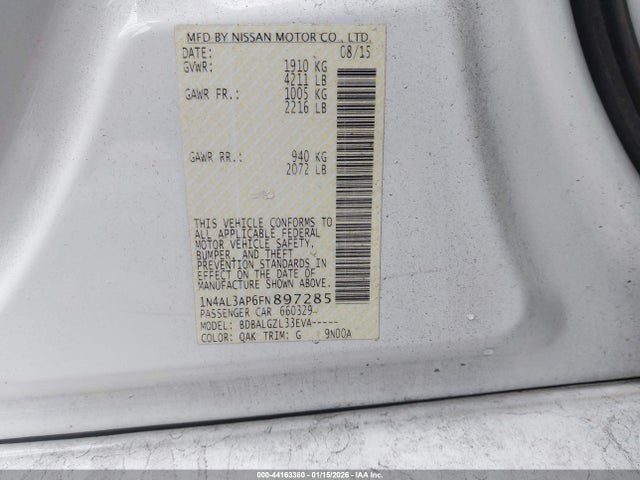 1N4AL3AP6FN897285 Nissan Altima 2.5/2.5 S/2.5 Sl/2.5 Sv