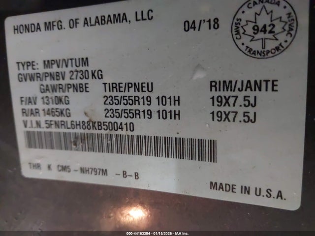 5FNRL6H88KB500410 Honda Odyssey Touring