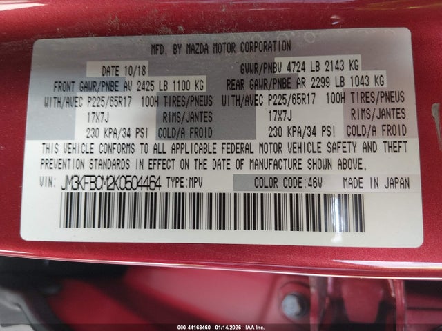 44163460 :رقم المزاد ، JM3KFBCM2K0504464 vin ، 2019 Mazda Cx-5 Touring مزاد بيع