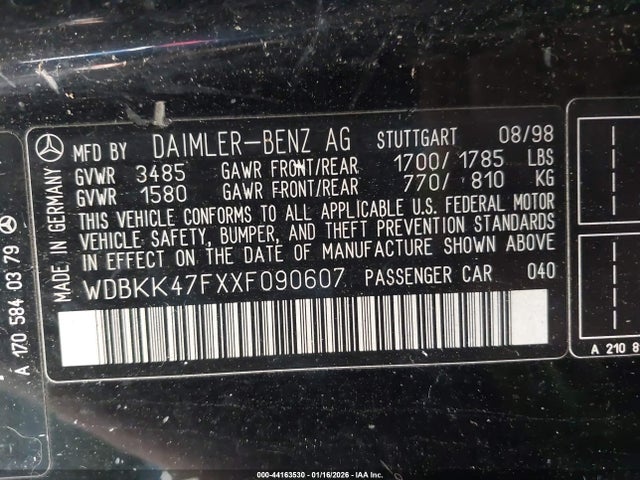 44163530 :رقم المزاد ، WDBKK47FXXF090607 vin ، 1999 Mercedes-benz Slk 230 Kompressor مزاد بيع