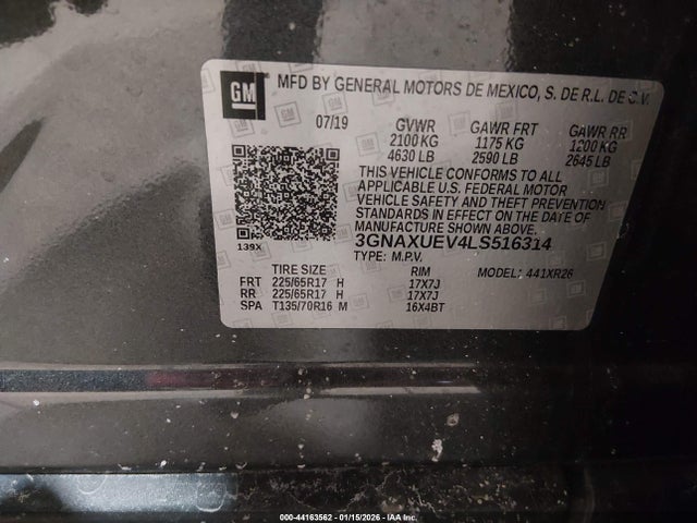 Aukcja sprzedaży 2020 Chevrolet Equinox Awd Lt 1.5l Turbo, vin: 3GNAXUEV4LS516314, numer aukcji: 44163562