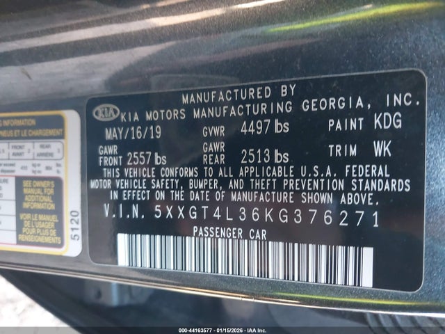 Продажа на аукционе авто 2019 Kia Optima Lx, vin: 5XXGT4L36KG376271, номер лота: 44163577