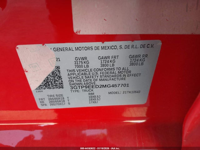 Aukcja sprzedaży 2021 Gmc Sierra 1500 4wd  Short Box At4, vin: 3GTP9EED2MG457701, numer aukcji: 44163622