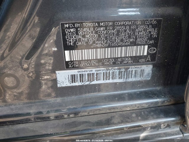 Aukcja sprzedaży 2006 Lexus Ls 430, vin: JTHBN36F165045644, numer aukcji: 44163674