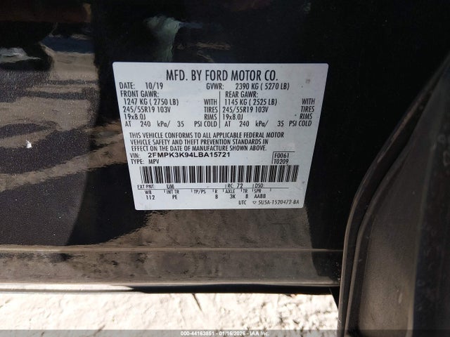 Aukcja sprzedaży 2020 Ford Edge Titanium, vin: 2FMPK3K94LBA15721, numer aukcji: 44163851