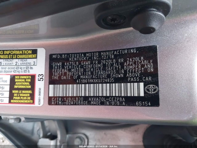 4T1B61HK6KU724835 Toyota CAMRY XSE