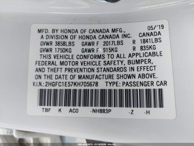 2019 Honda Civic Si მანქანა იყიდება აუქციონზე, vin: 2HGFC1E57KH705678, აუქციონის ნომერი: 44163875