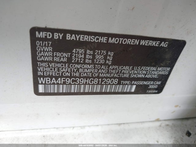 44163892 :رقم المزاد ، WBA4F9C39HG812908 vin ، 2017 Bmw 430i Gran Coupe Xdrive مزاد بيع