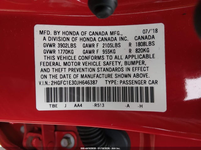 2HGFC1E30JH646387 Honda Civic Ex-t