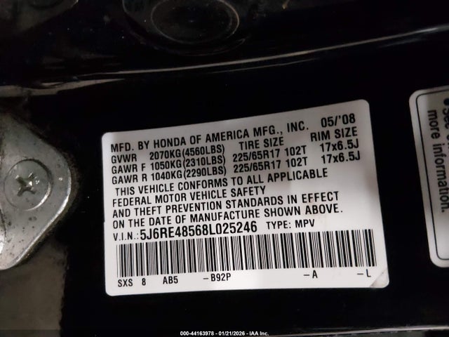 Продажа на аукционе авто 2008 Honda Cr-v Ex, vin: 5J6RE48568L025246, номер лота: 44163978