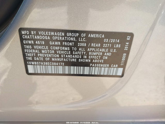 44164049 :رقم المزاد ، 1VWBS7A38EC084172 vin ، 2014 Volkswagen Passat 1.8t Sport مزاد بيع