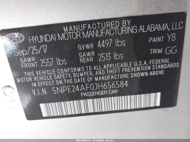 44164114 :رقم المزاد ، 5NPE24AF0JH656584 vin ، 2018 Hyundai Sonata Se مزاد بيع