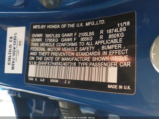 SHHFK7H45KU407318 Honda Civic Sport