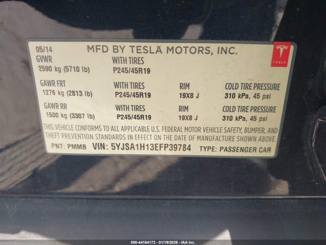 2014 Tesla Model S P85 მანქანა იყიდება აუქციონზე, vin: 5YJSA1H13EFP39784, აუქციონის ნომერი: 44164172