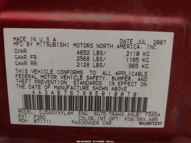 2008 MITSUBISHI GALANT 4A3AB76T88E010070 Photo 8