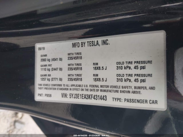 2019 TESLA MODEL 3 5YJ3E1EA3KF431443 Photo 8