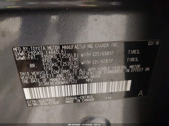 2T3BFREV9GW467522 Toyota RAV4 LE