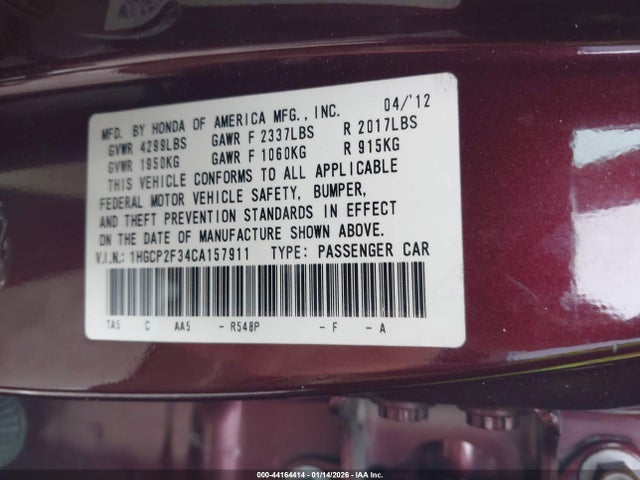Auction sale of the 2012 Honda Accord 2.4 Lx, vin: 1HGCP2F34CA157911, lot number: 44164414
