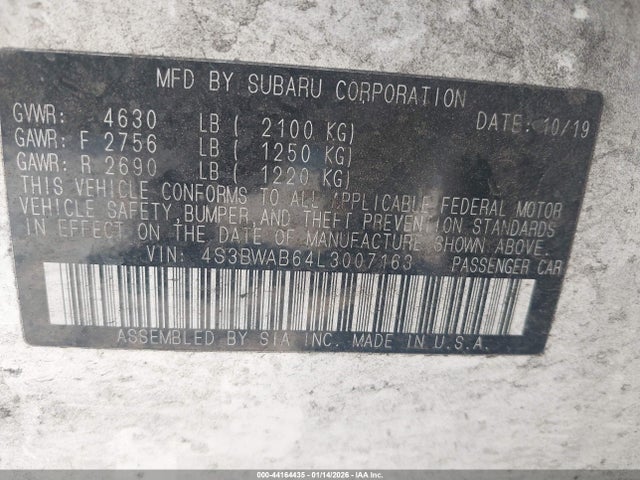 Aukcja sprzedaży 2020 Subaru Legacy, vin: 4S3BWAB64L3007163, numer aukcji: 44164435