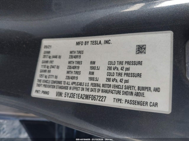Продаж на аукціоні авто 2021 Tesla Model 3 Standard Range Plus Rear-wheel Drive, vin: 5YJ3E1EA2MF067227, номер лоту: 44164459