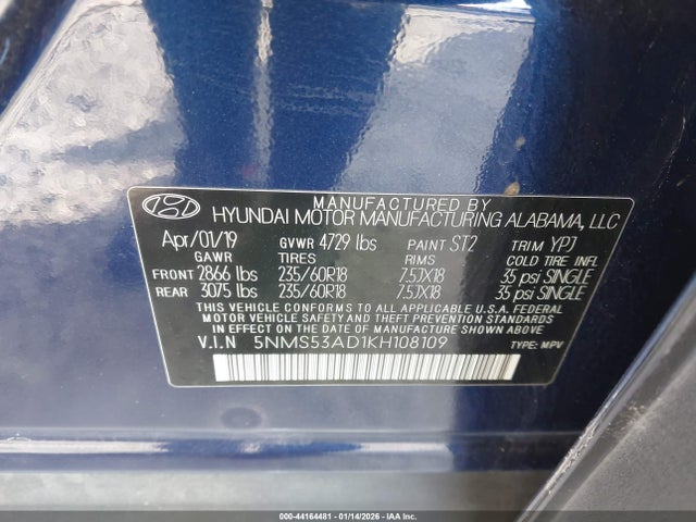 Продаж на аукціоні авто 2019 Hyundai Santa Fe Limited, vin: 5NMS53AD1KH108109, номер лоту: 44164481