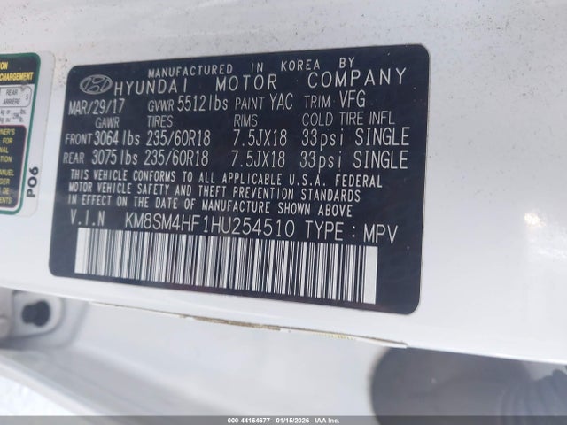 KM8SM4HF1HU254510 Hyundai Santa Fe Se