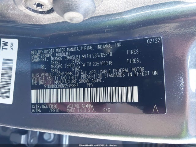 2022 TOYOTA HIGHLANDER 5TDHBRCH0NS549897 Photo 8