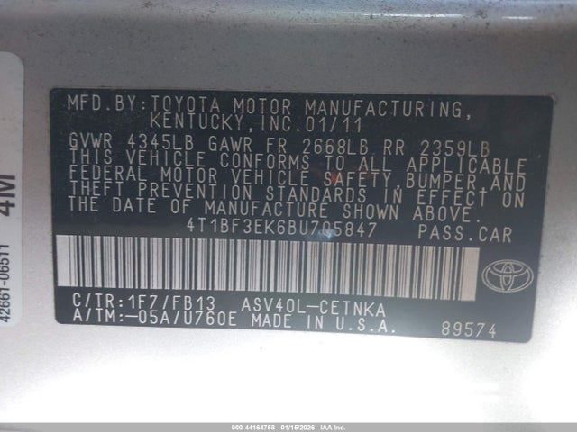 Продажа на аукционе авто 2011 Toyota Camry Le, vin: 4T1BF3EK6BU705847, номер лота: 44164758