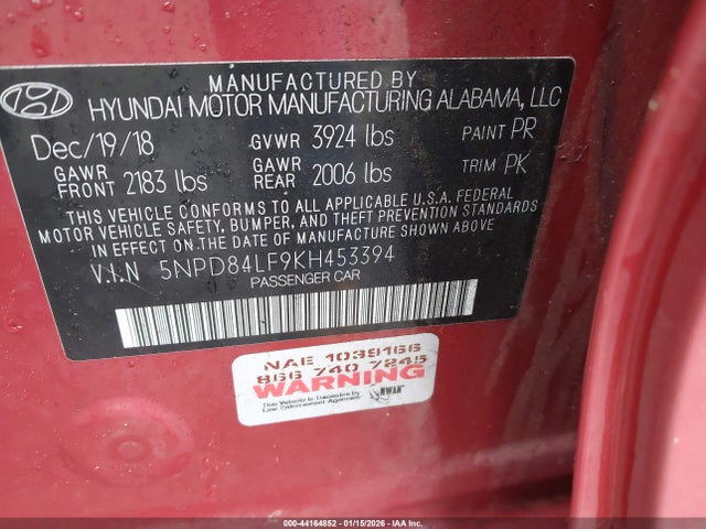5NPD84LF9KH453394 Hyundai ELANTRA SEL