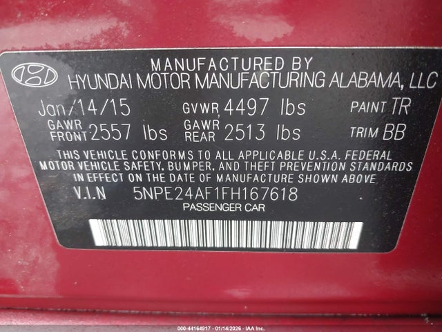5NPE24AF1FH167618 Hyundai SONATA SE