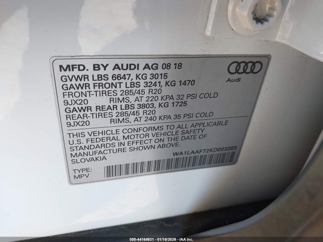 2019 Audi Q7 მანქანა იყიდება აუქციონზე, vin: WA1LAAF72KD003363, აუქციონის ნომერი: 44164931