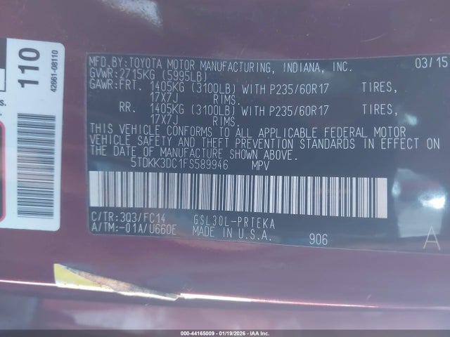 5TDKK3DC1FS589946 Toyota Sienna Le 8 Passenger