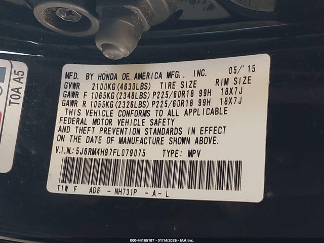 Honda Cr-v Touring 2015 5J6RM4H97FL079075 Image 9