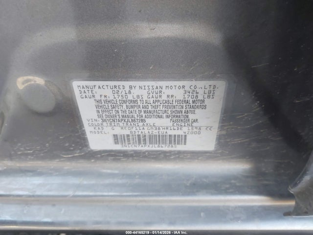 3N1CN7APXJL867285 Nissan Versa 1.6 S+