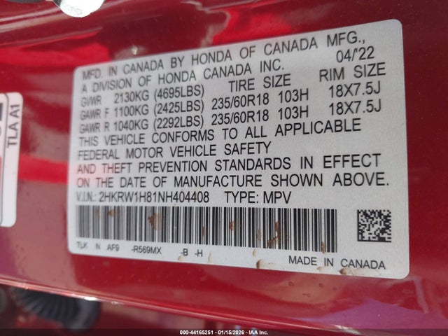 2HKRW1H81NH404408 Honda Cr-v 2wd Ex-l