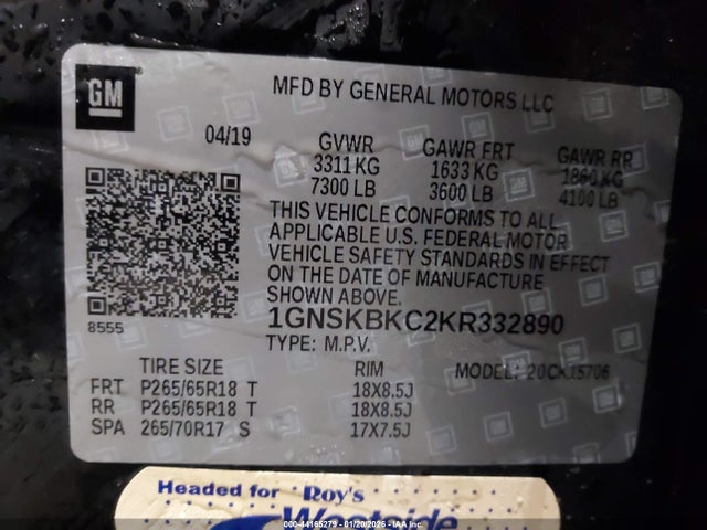 Продаж на аукціоні авто 2019 Chevrolet Tahoe Lt, vin: 1GNSKBKC2KR332890, номер лоту: 44165279