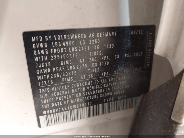 44165347 :رقم المزاد ، WVGBV7AX7DW538417 vin ، 2013 Volkswagen Tiguan S/se/sel مزاد بيع