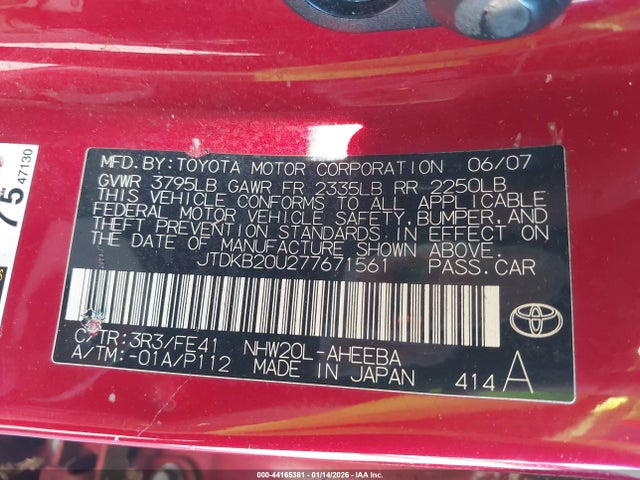 Продаж на аукціоні авто 2007 Toyota Prius, vin: JTDKB20U277671561, номер лоту: 44165381