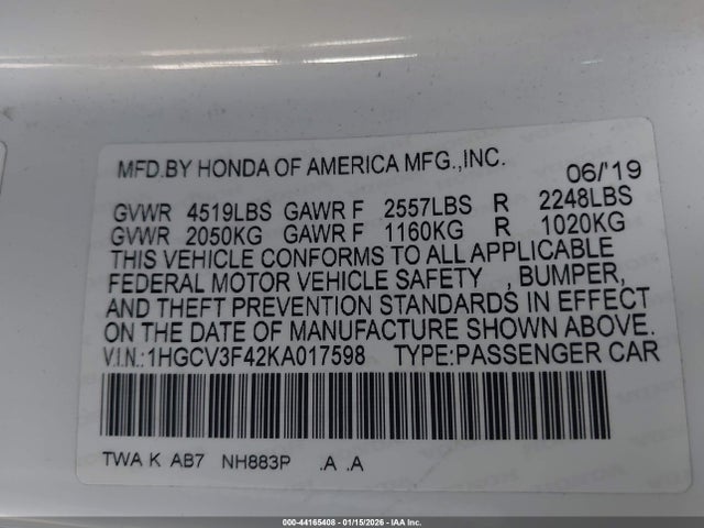 1HGCV3F42KA017598 Honda Accord Hybrid Ex