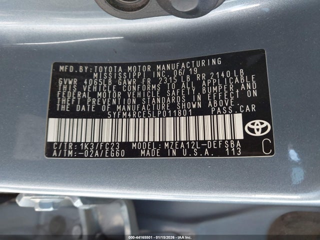 5YFM4RCE5LP011801 Toyota COROLLA SE