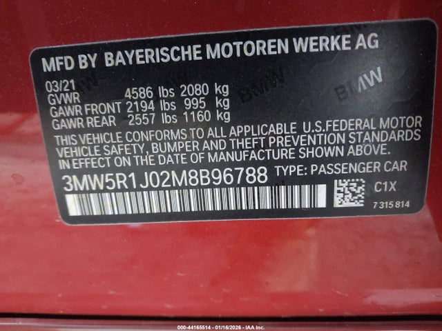 Aukcja sprzedaży 2021 Bmw 330i, vin: 3MW5R1J02M8B96788, numer aukcji: 44165514