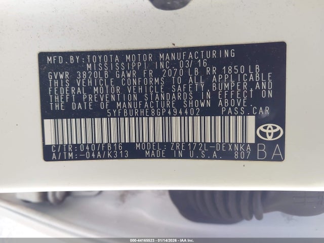 Toyota COROLLA LE 2016 5YFBURHE8GP494402 Image 9