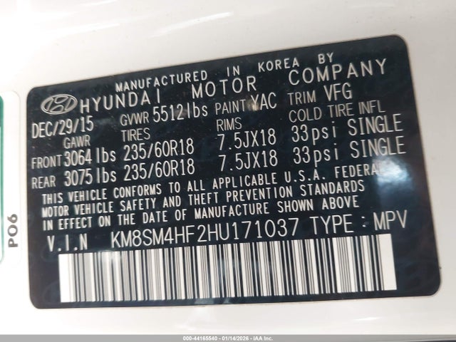 KM8SM4HF2HU171037 Hyundai Santa Fe Se