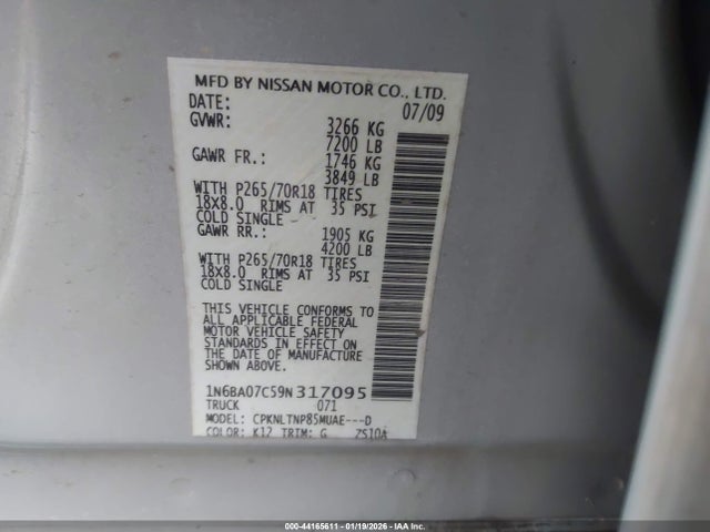 Продаж на аукціоні авто 2009 Nissan Titan Se, vin: 1N6BA07C59N317095, номер лоту: 44165611
