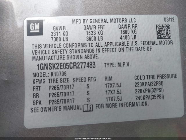2012 CHEVROLET TAHOE 1GNSK2E05CR277483 Photo 8