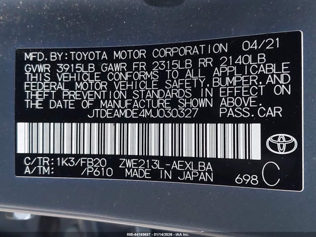 JTDEAMDE4MJ030327 Toyota Corolla Hybrid Le